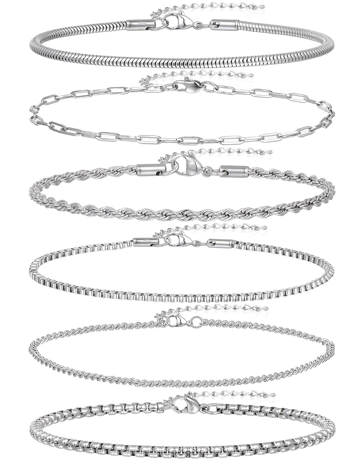 6Pcs Stainless Steel Chain Bracelets Set for Men Women Adjustable