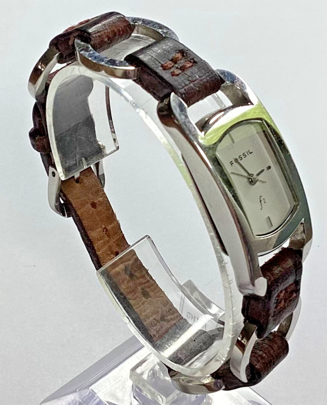 Fossil F2 Silver Tone Watch ES-9516 Brown Leather & SS Band WR 30M New Battery