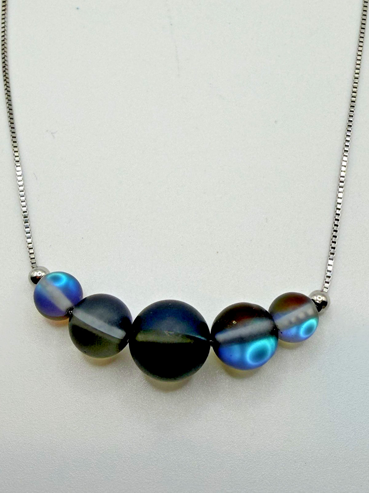 STERLING SILVER 925 BLUE GLASS BEAD NECKLACE BOX CHAIN LOBSTER CLASP STATEMENT