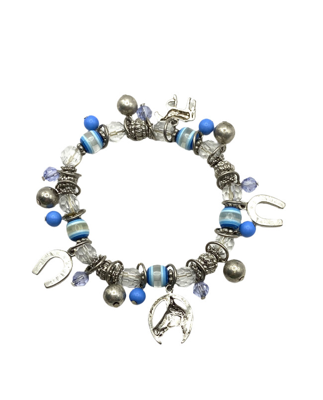 Blue-Clear Beaded Stretch Horse Horseshoe Charm Bracelet Silver Tone Equestrian