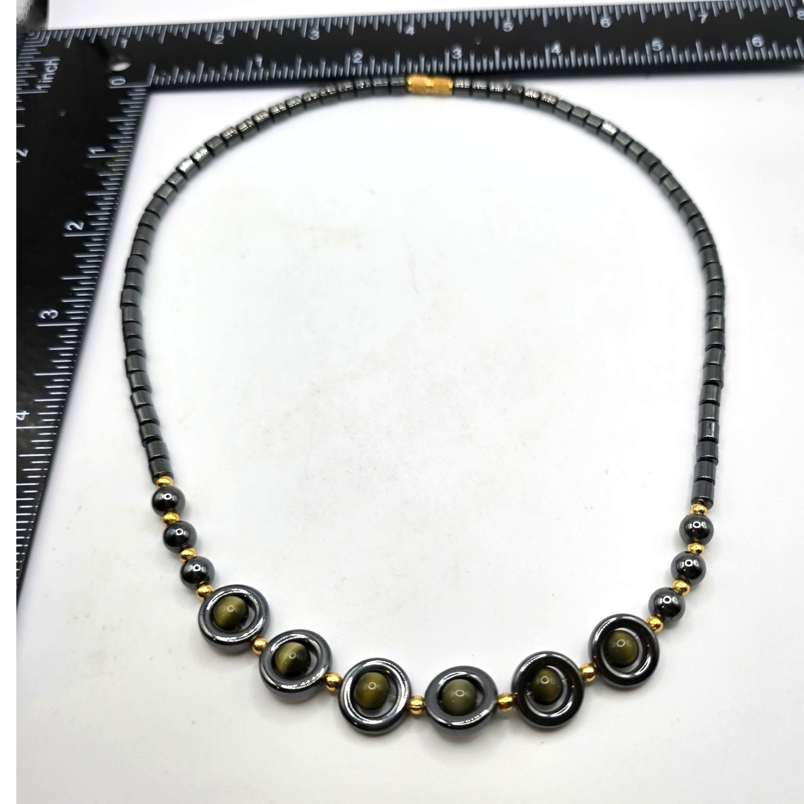 Vintage Necklace Hematite Black Gray Tiger Eye Beads Artisan Style 16″ SKU 2359