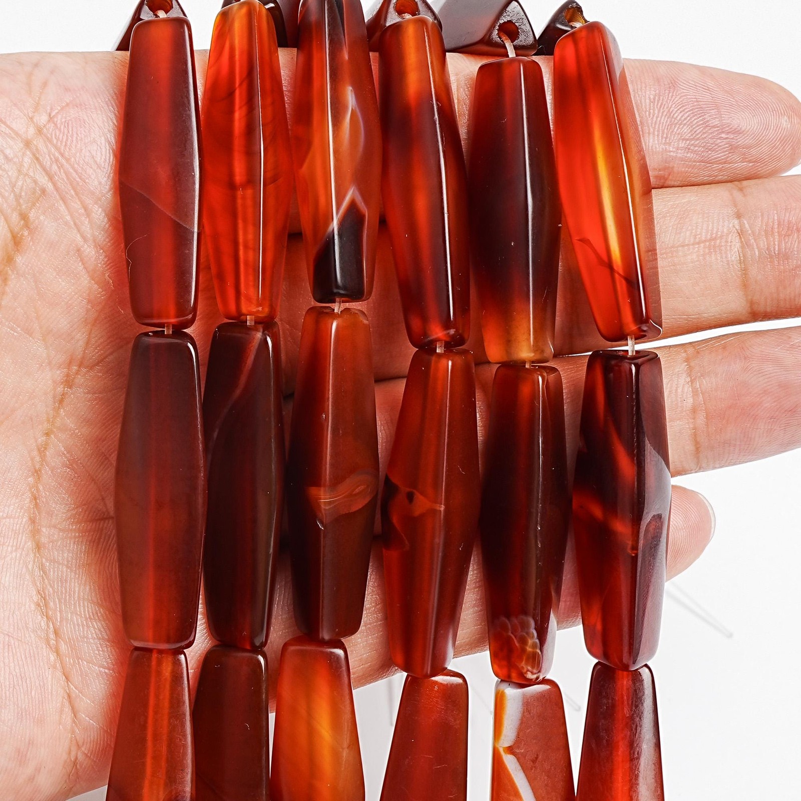Polished Long Triangle Agate Beads Orange Brown Long Barrel Gemstone Beads