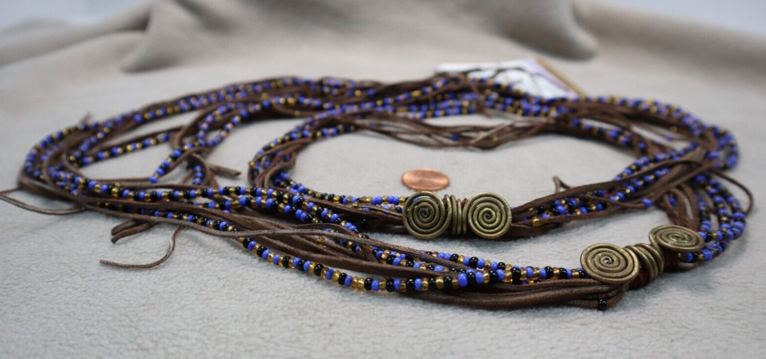 Barabaig Funeral Fringe Bead Lariat or Belt by The Amias Project Blue Black Gold