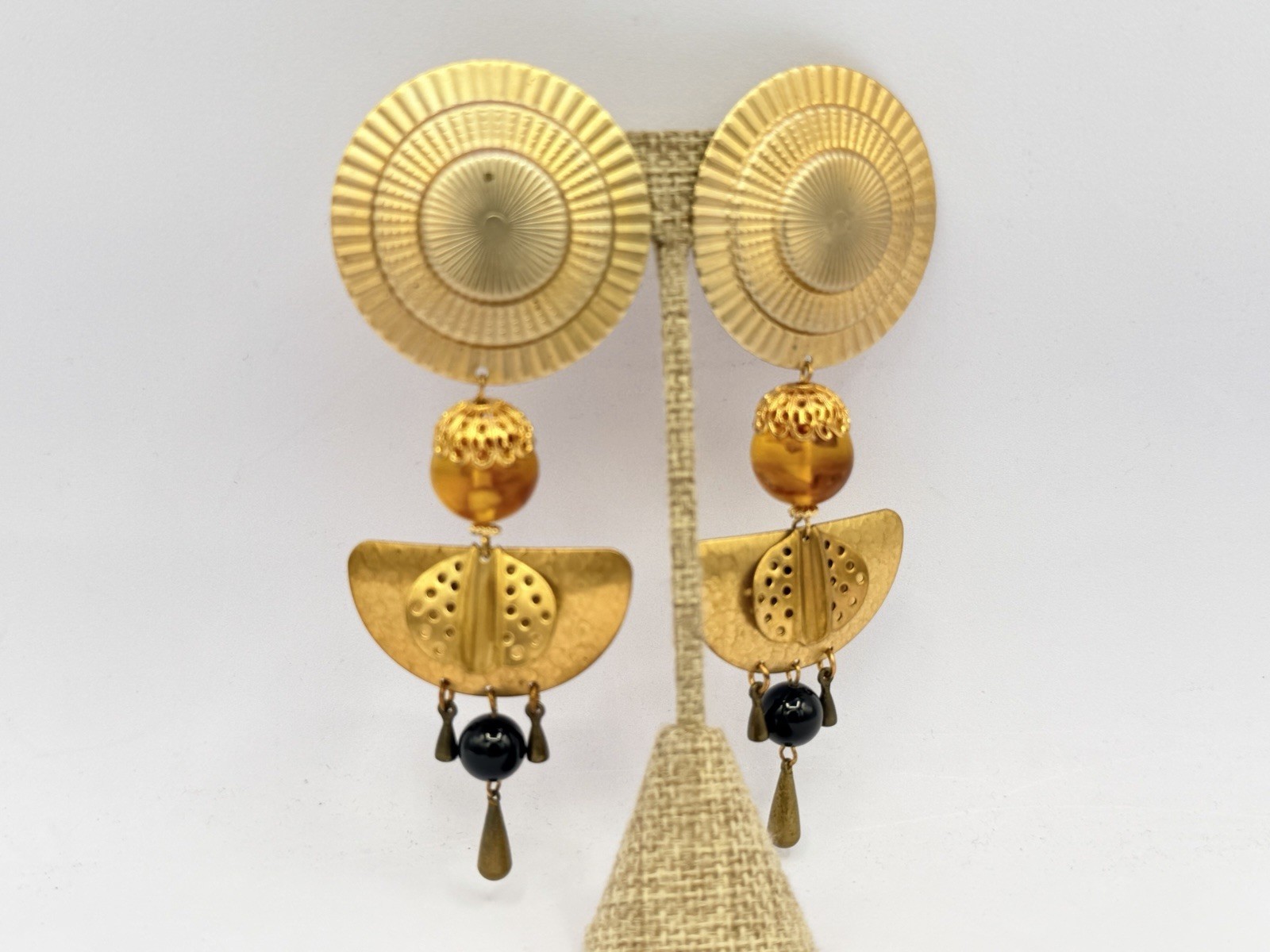 Vintage 1980s Gold Tone Brass Egyptian Revival Earrings Imperfect NOS RO-DO HG