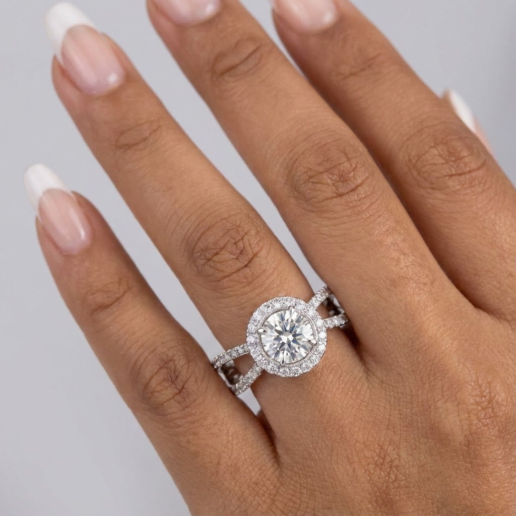 18K Gold Side Stone Engagement Ring Halo 1.95 CT Round Lab-Grown Diamond F SI1