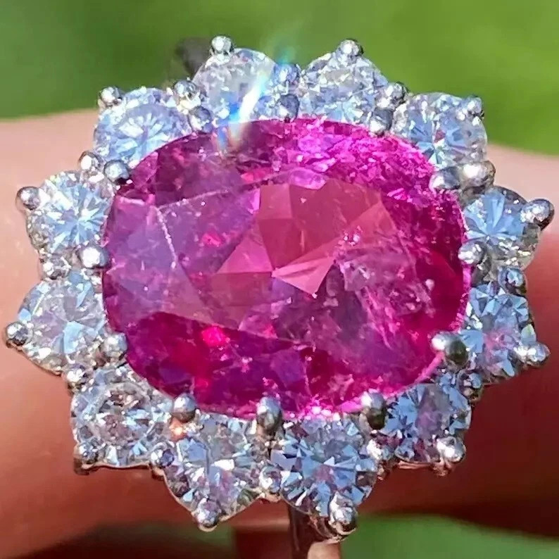 6.8 Ct Oval Cut Natural Pink Sapphire Diamond Wedding Ring 14K White Gold Size 7
