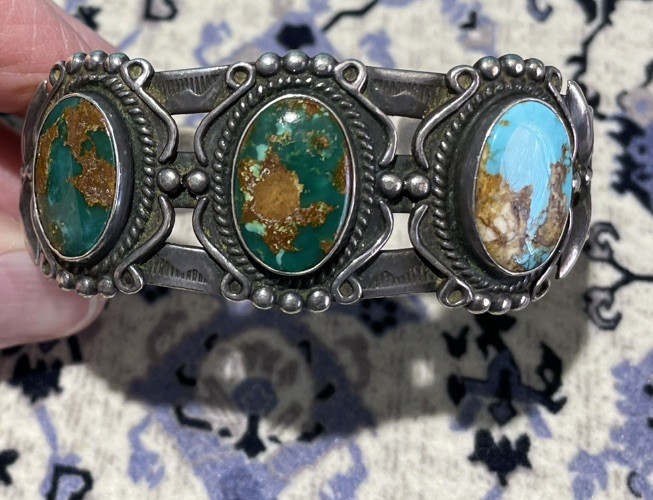 Vintage Navajo Fred Harvey Era 3 Stone Turquoise Cuff Bracelet Stamp Work