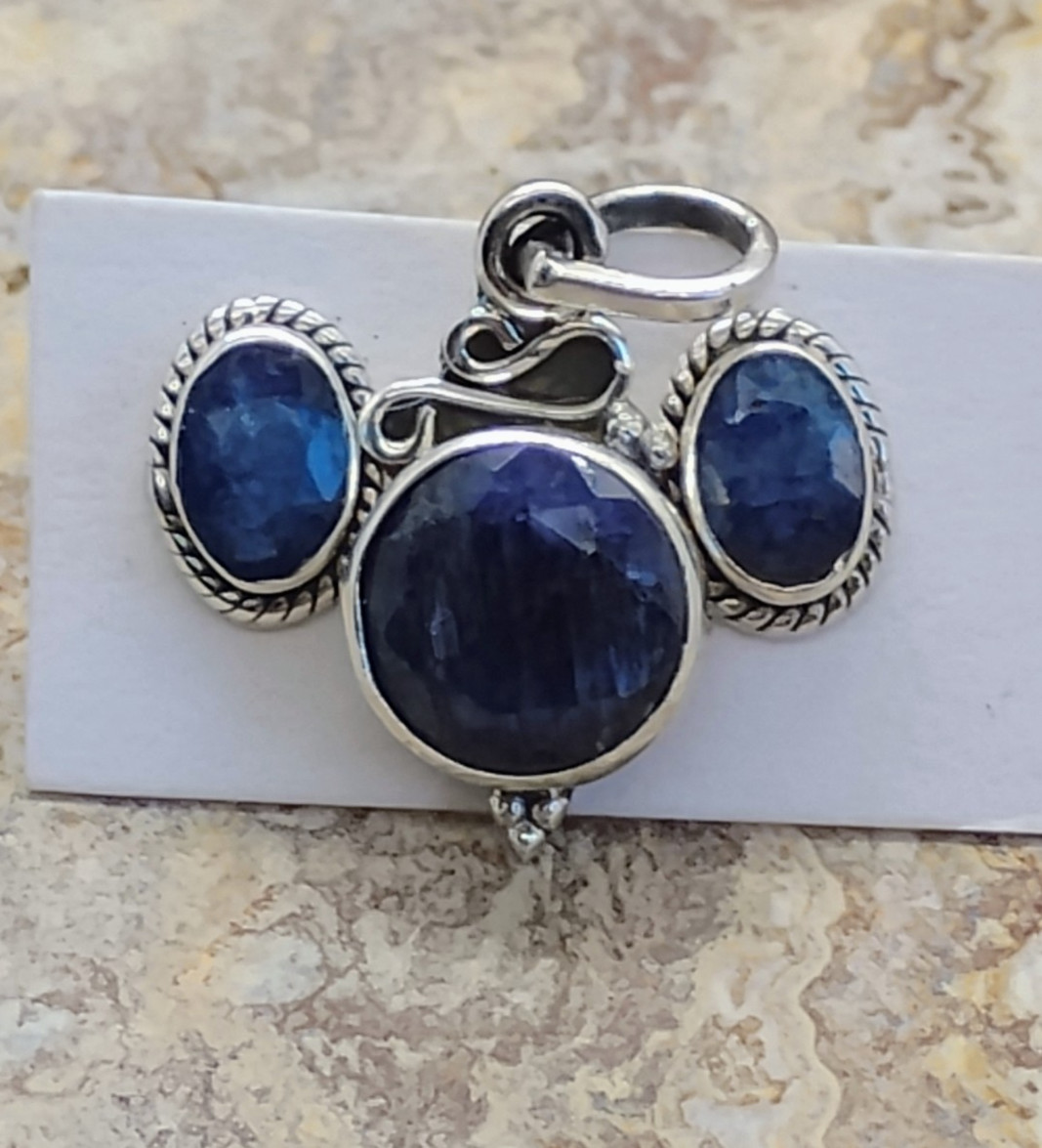 Sterling Silver Faceted Blue Sapphire Stud Earrings & Pendant Set Dainty Elegant