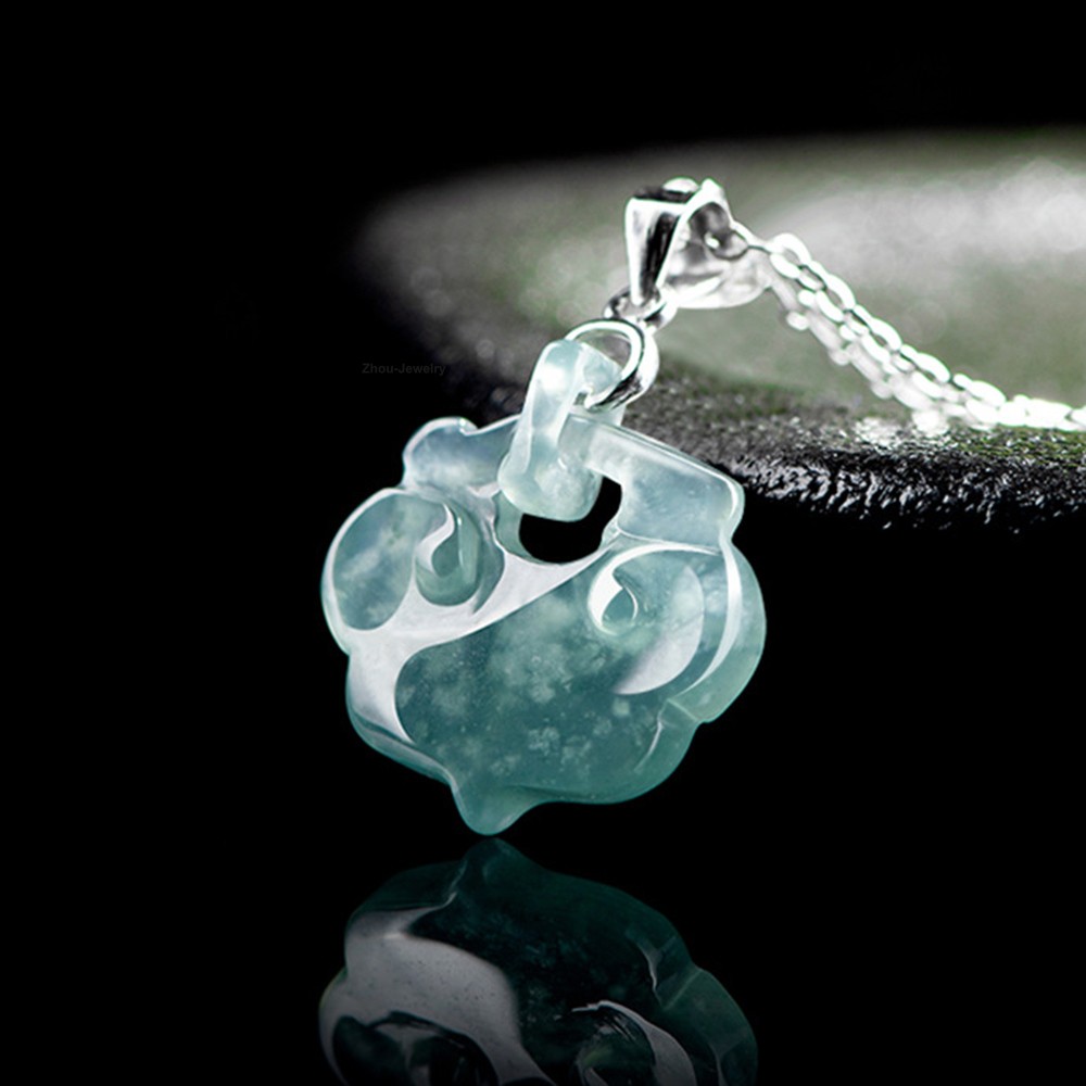 Natural Blue Jadeite Ruyi Small Pendant with 925 Silver Clasp Grade A Jade Charm