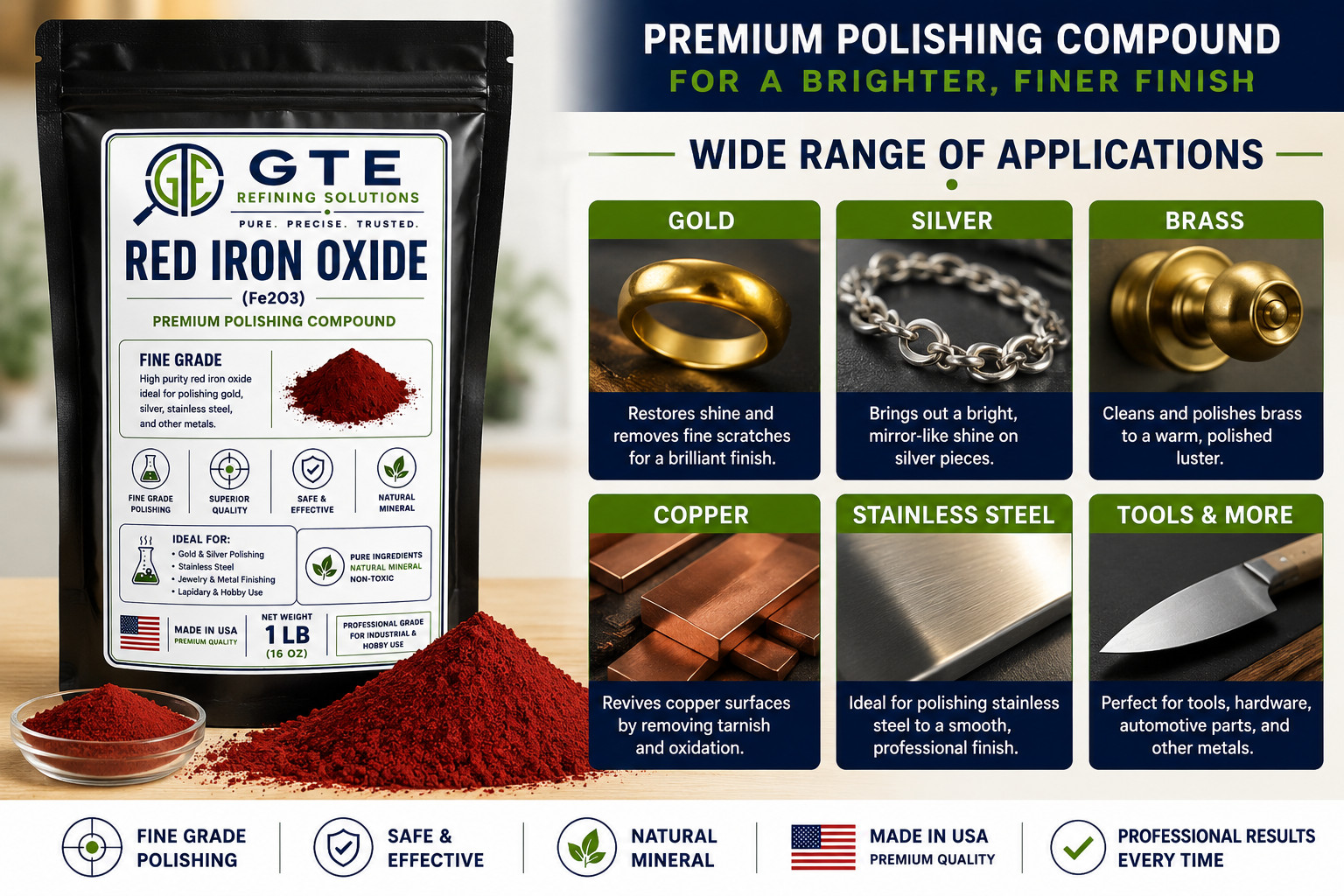 Red Iron Oxide Powder (Fe2O3) Metal Polishing Compound Gold Silver Brass 1lb
