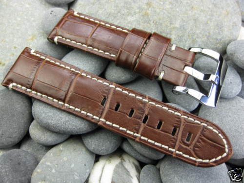 24mm Brown Gator Grain Leather Strap Watch Band PRE-V Buckle Set for PANERAI