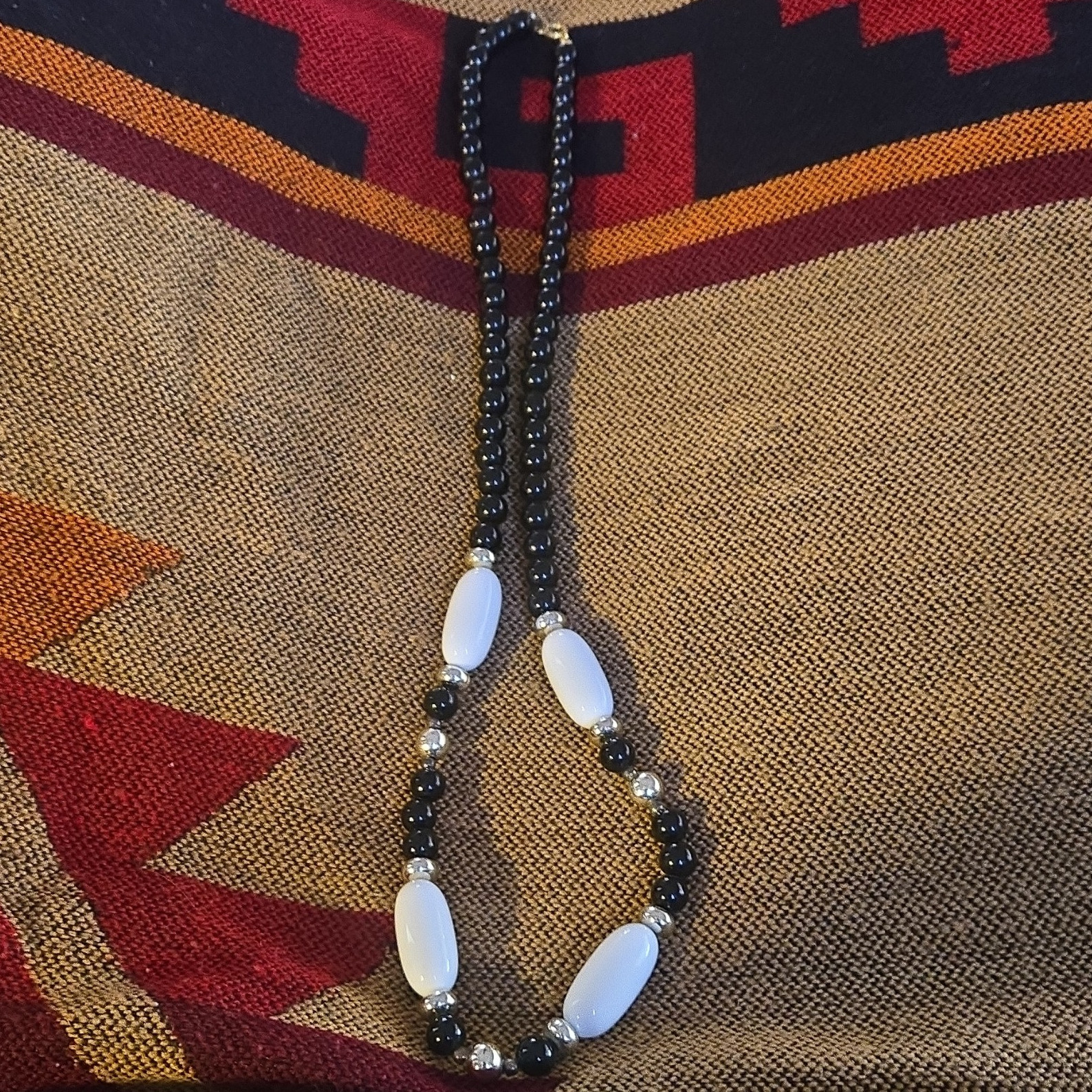 Black White Beaded Necklace Gold Plated Ball Chain Spring Ring Clasp No Stone