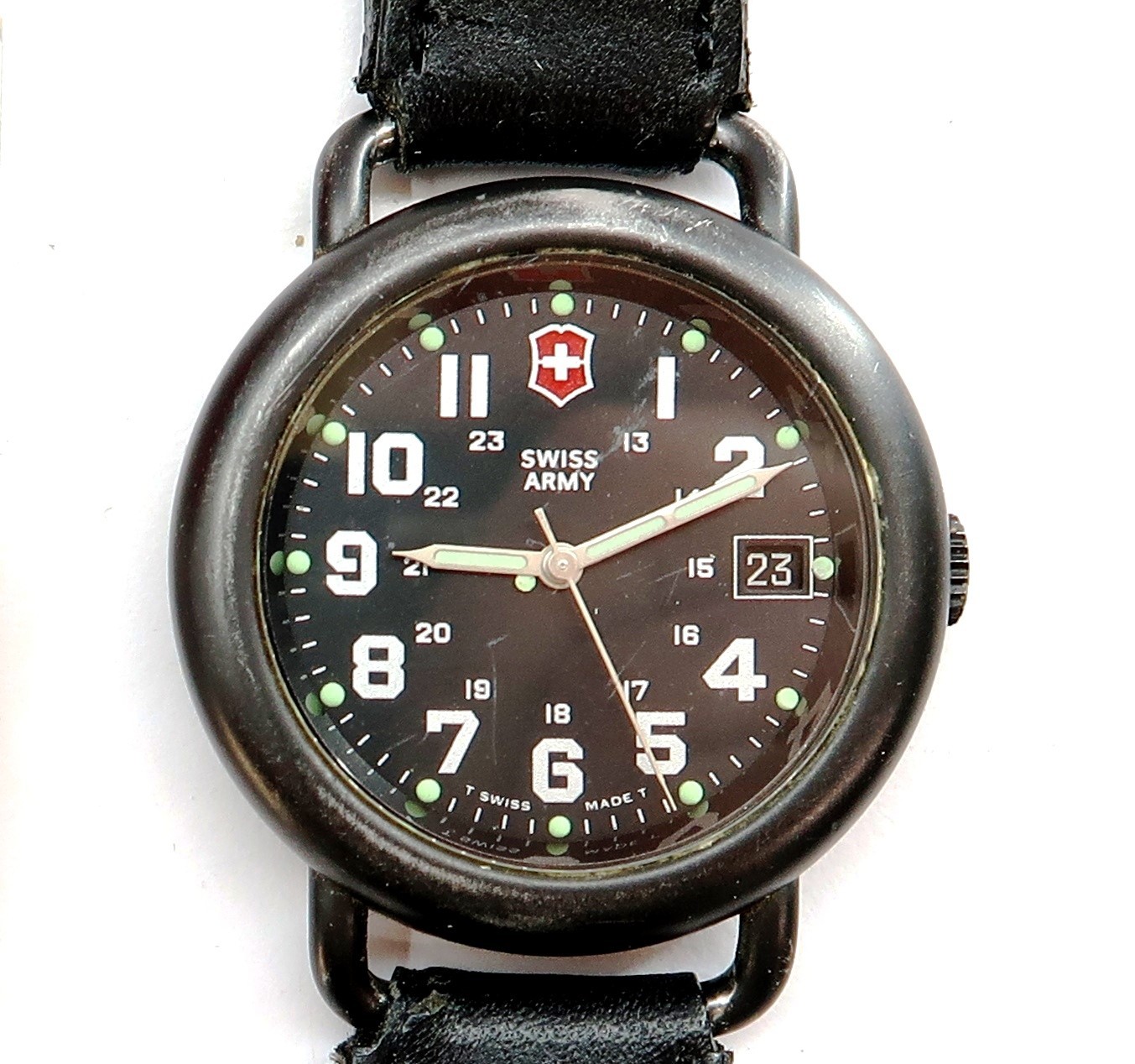 SWISS ARMY Mens Quartz Date Watch 37mm Black WORKS NEW BATTERY ~ CROWN ISSUE