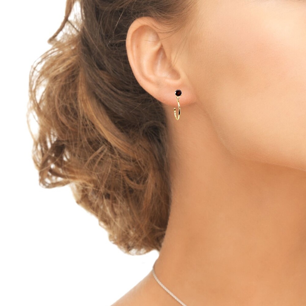 Yellow Gold Flashed Sterling Silver 4mm Garnet Dangling Half Hoop Stud Earrings