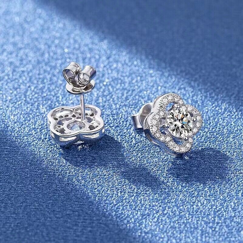 Real MOISSANITE FL/D GRA Clover Stud Earrings 18K White Gold Finish
