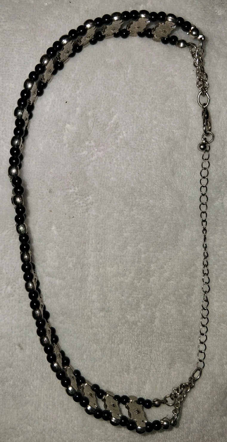 Vtg Gothic Black Beaded Panel Choker Necklace Silver Tone Victorian Rhinestone