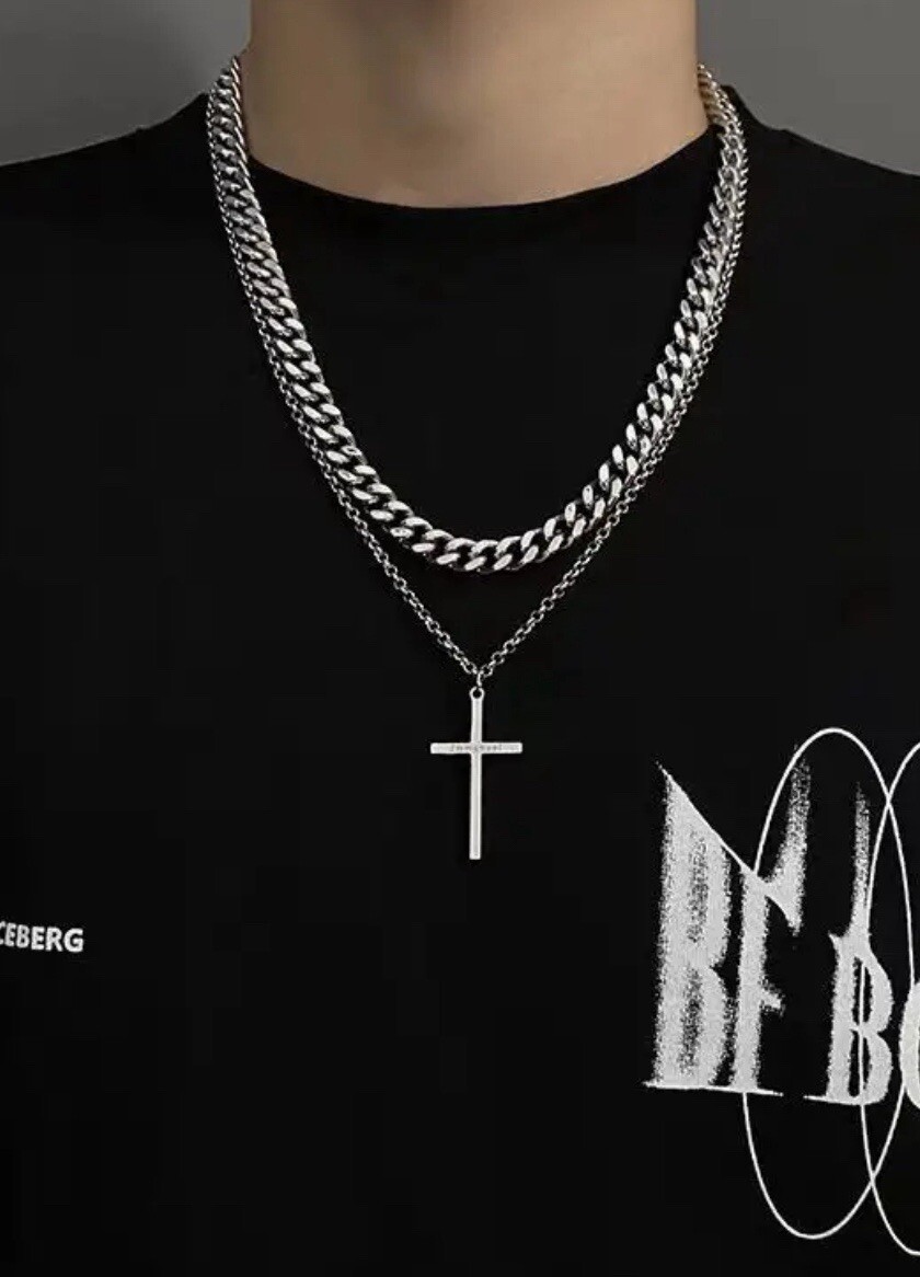 Men Double Layer Cross Pendant Necklace Stainless Steel Hip Hop Gothic Unisex