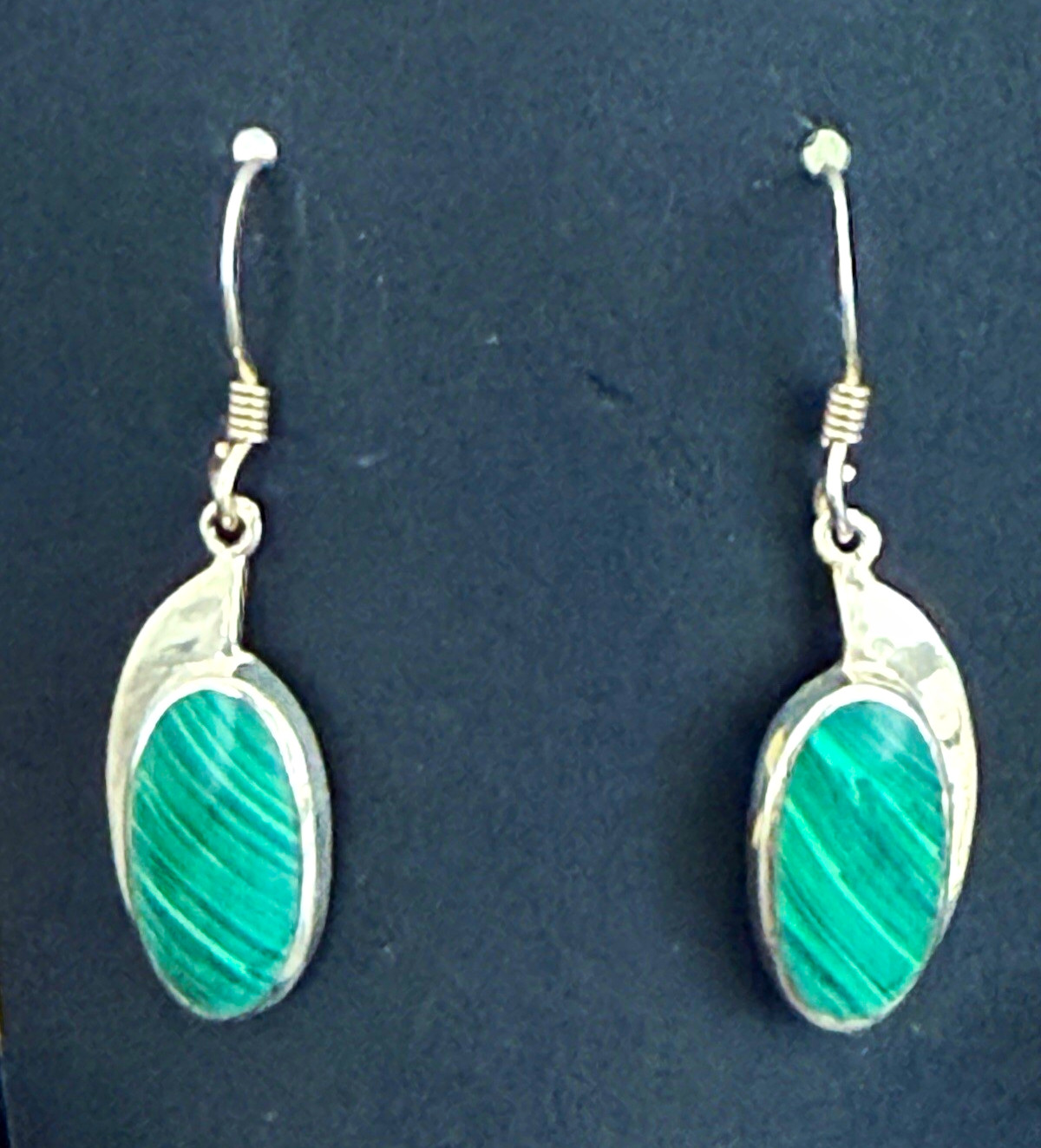 925 Sterling Silver Malachite Oval Bezel Dangle Hook Earrings Signed 1.5″