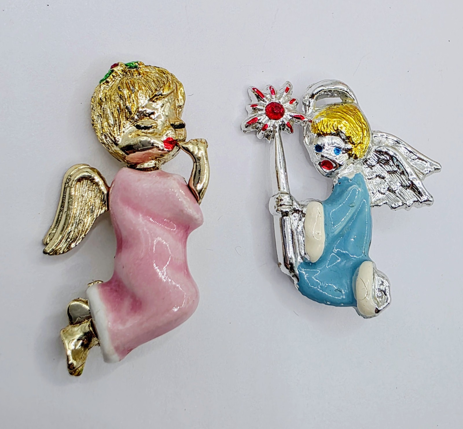 Vintage Ceramic Enamel Rhinestone Angel Brooches