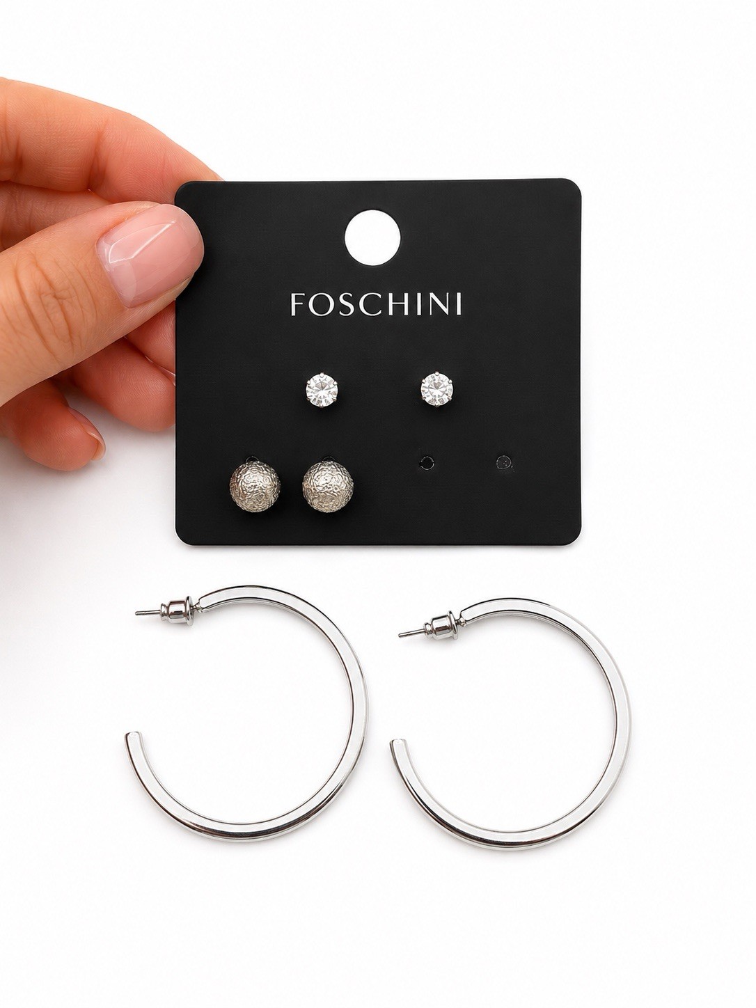 3 Pair Silver Tone Earrings Set Hoop Stud Textured Ball Gift Box Included