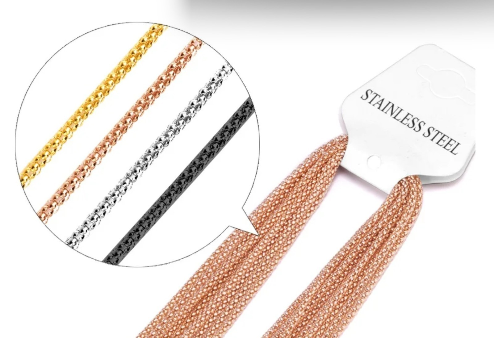Stainless Steel Popcorn Chain 2 mm 18-24 in Silver, Black, yellow or rose Gold