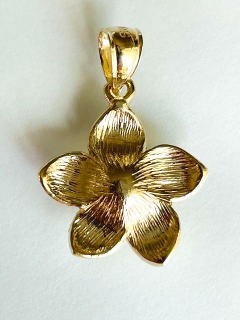 14K Solid Yellow Gold Hawaiian Plumeria Flower Pendant W: 3/4″ (18 mm) E26-18