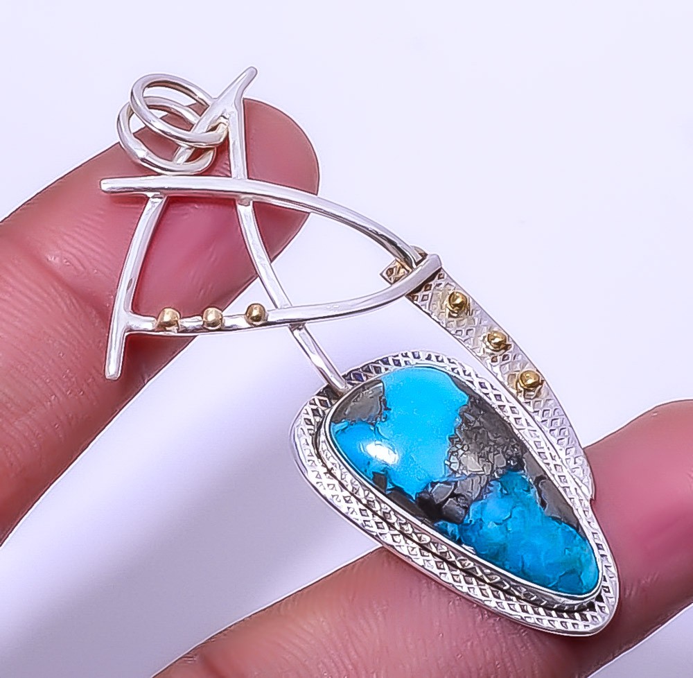 Turquoise With Pyrite – Kingman Mines 925 Silver Two Tone Pendant 2.34″ A330