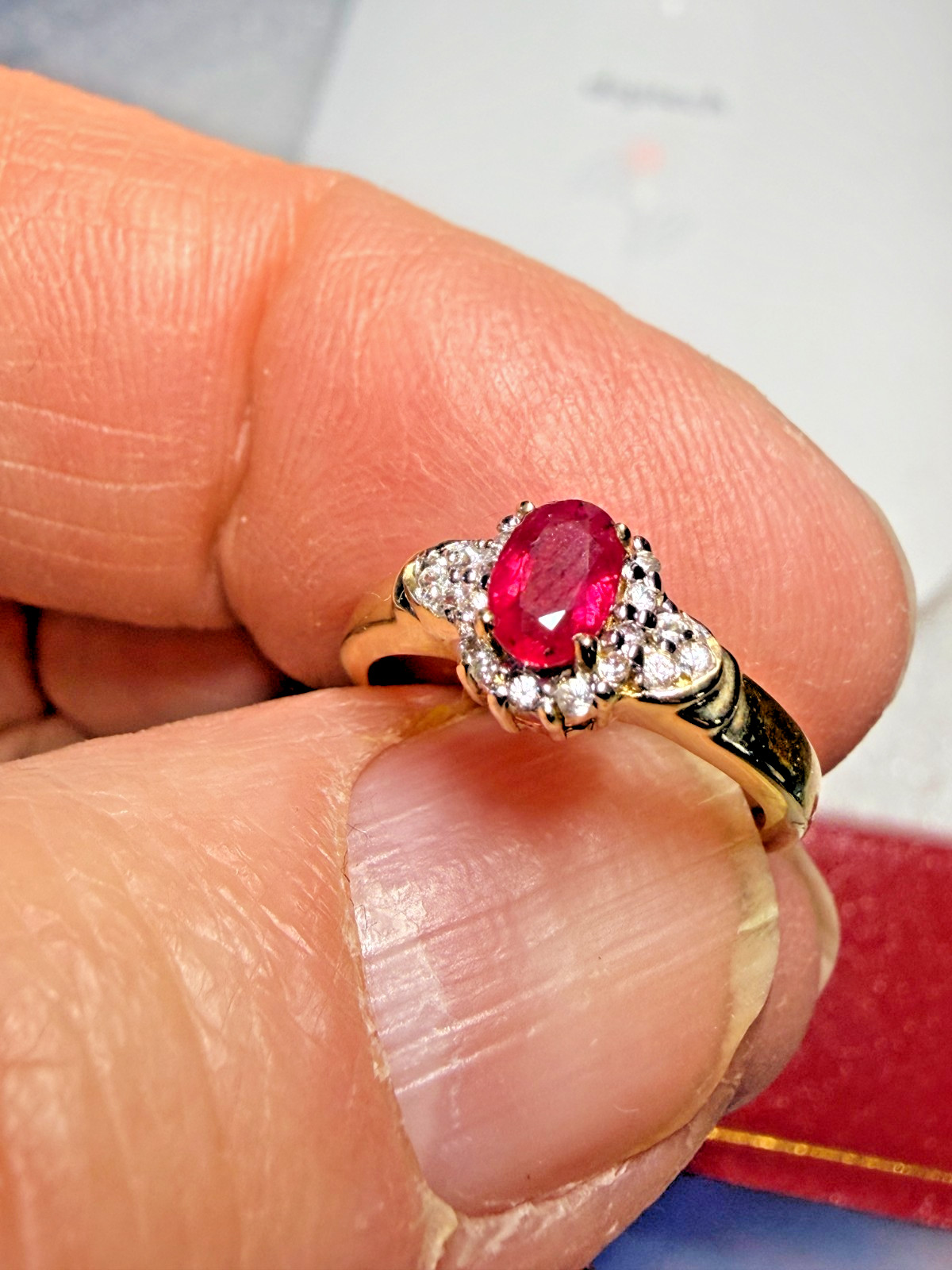 Stunning 9ct Yellow Gold & Ruby Ring – CZ’s – English – London