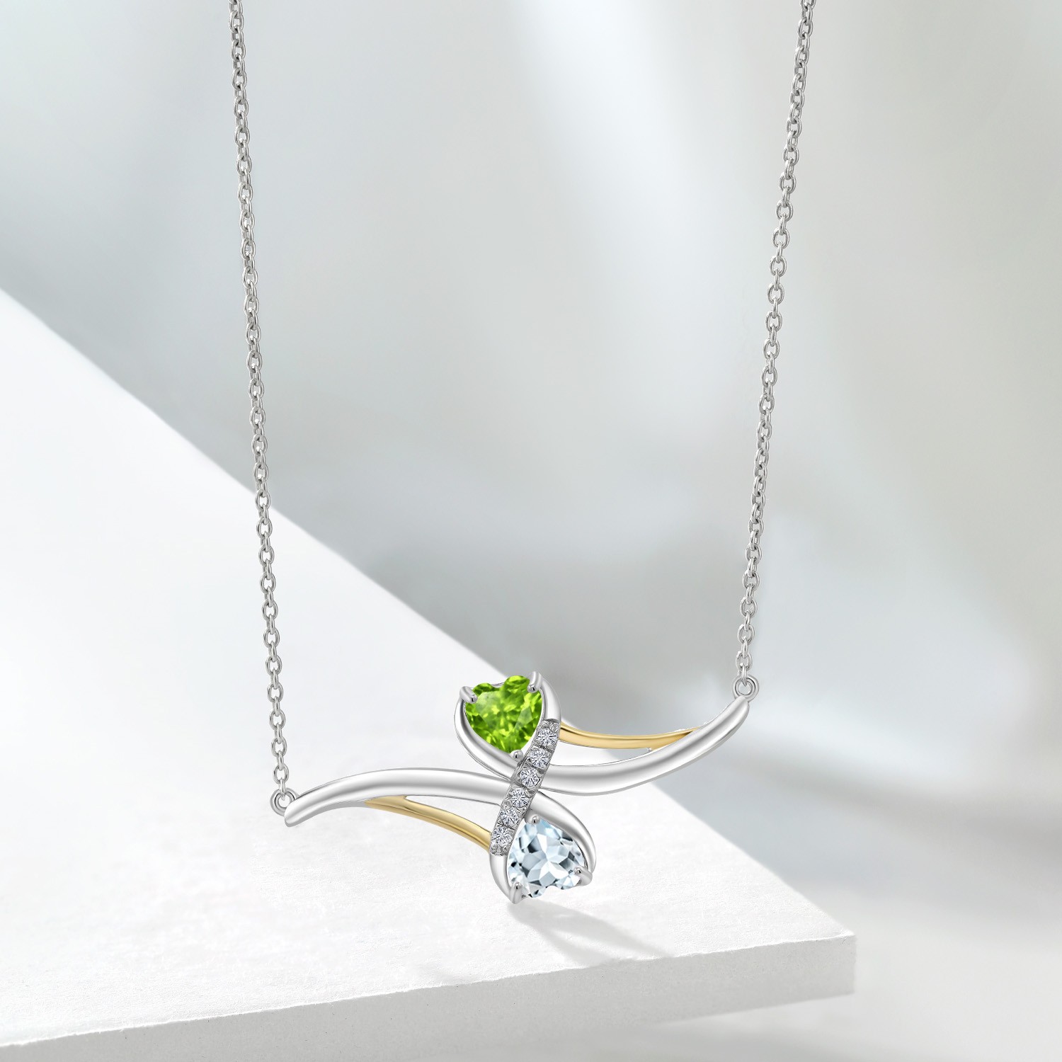 0.98 Ct Peridot Aquamarine 925 Silver and 10K Yellow Gold Pendant with Chain