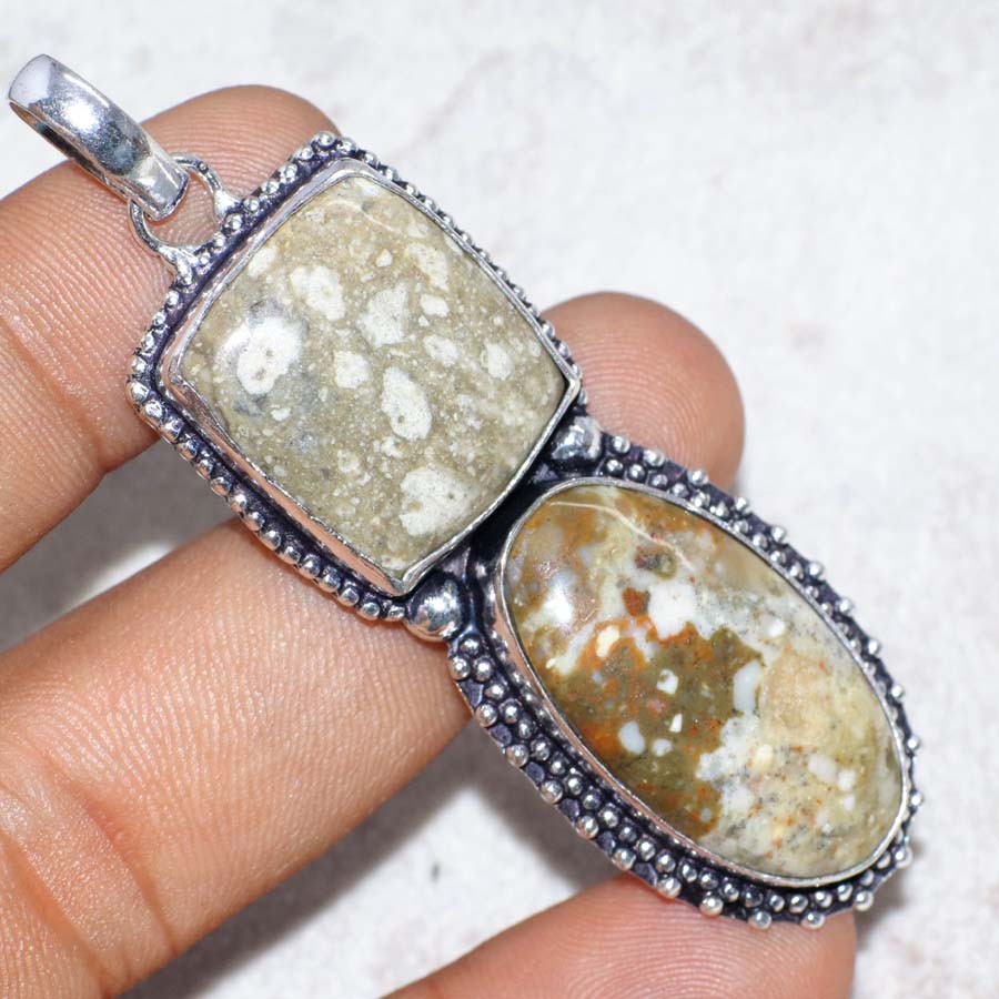925 Silver Plated Long Picture Jasper Pendant 2.6″ Gift For Mom Trendy JW