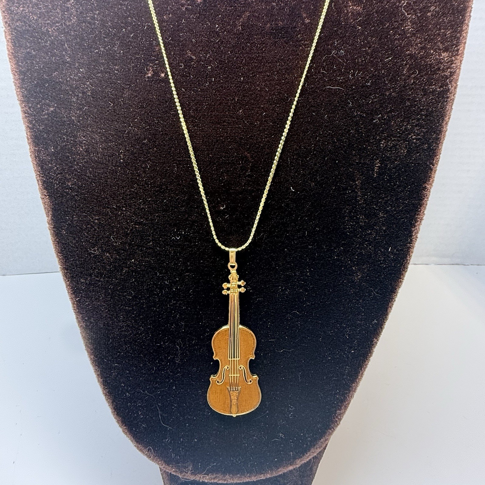 Vintage Future Primitive Gold Tone Enamel Violin Cello Pendant Long Necklace