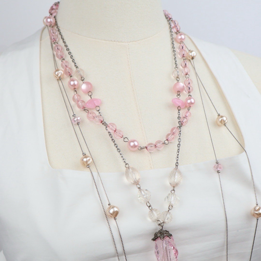 Long Multi Strand Layered Necklaces & Earrings Boho Coquette Pink Tones Feminine