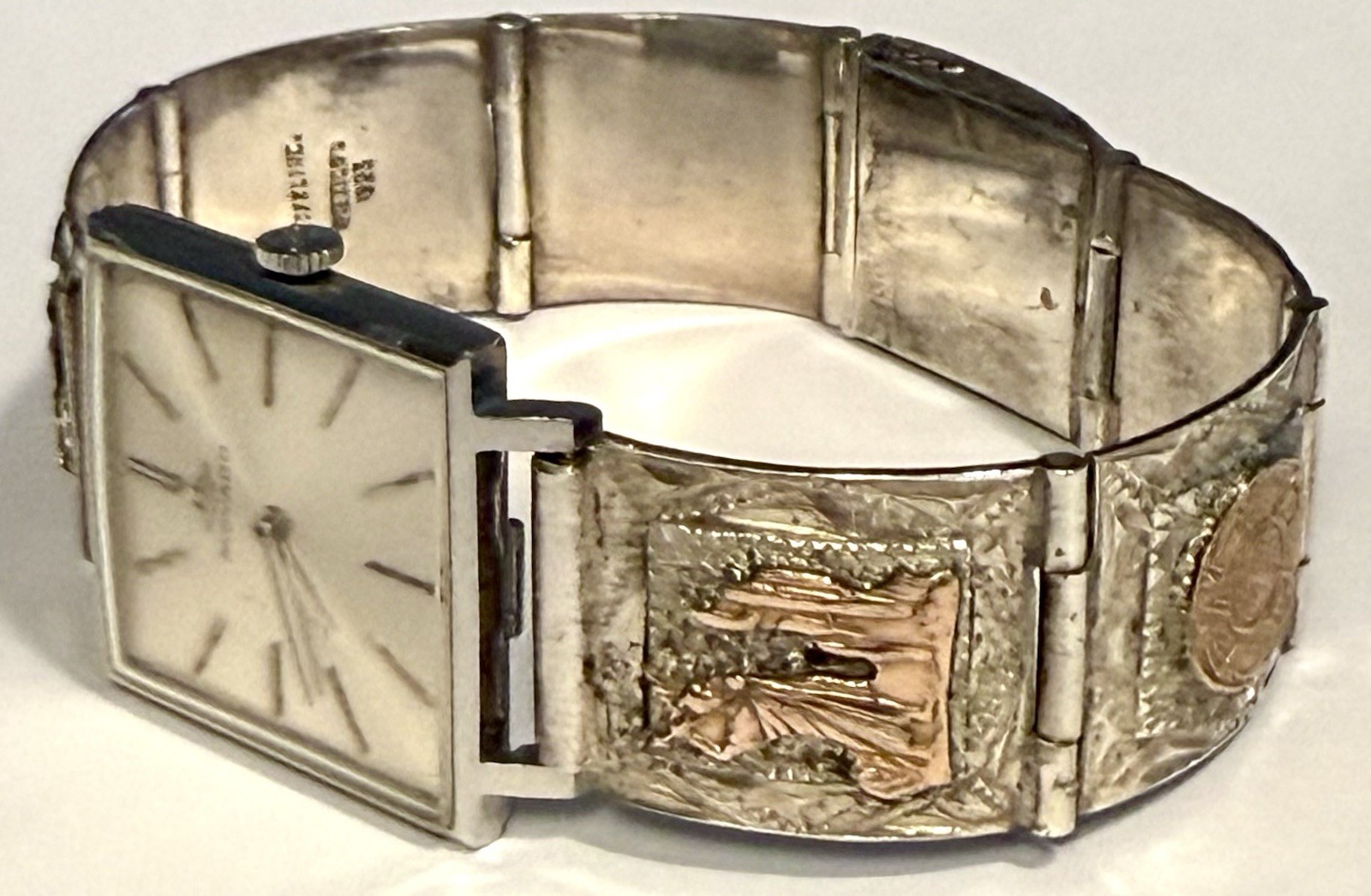 Vintage MOVADO 26mm Square| 925 Silver AZTEC & MAYAN Symbols 7.0″ Bracelet Watch