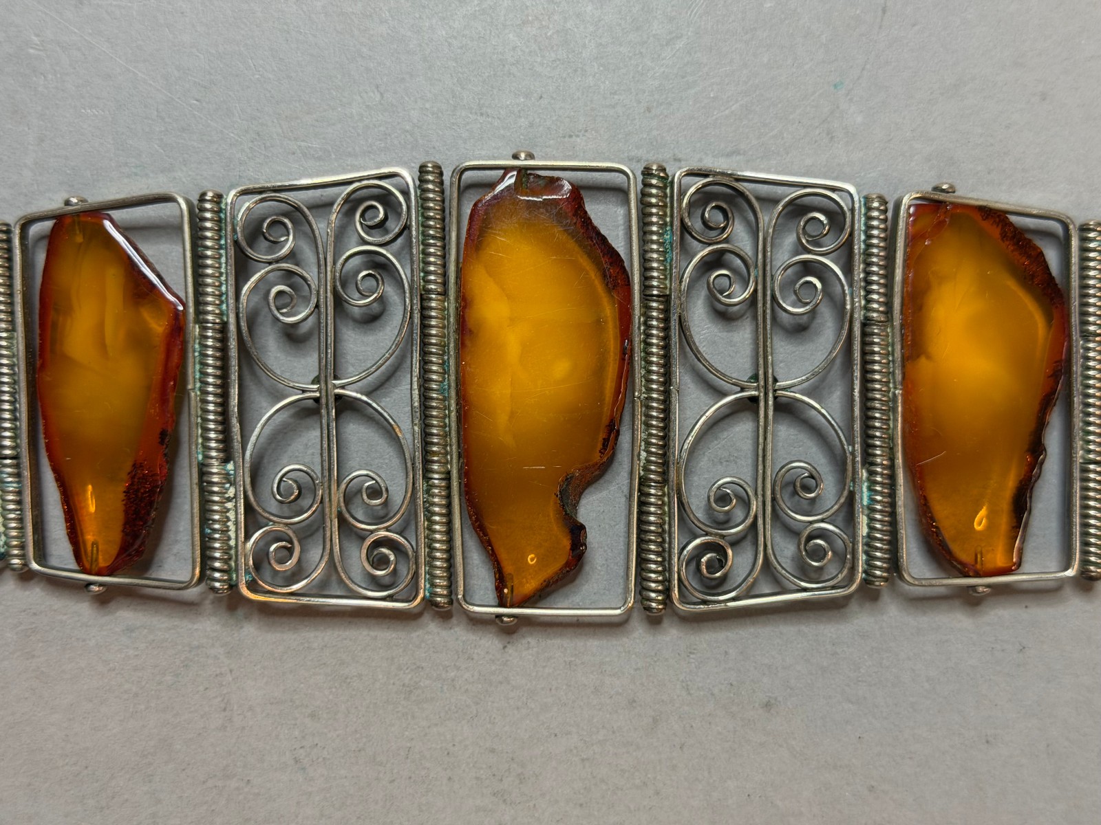 Vintage Soviet USSR Filigree Melchior Panel Bracelet Baltic Amber Honey Cognac