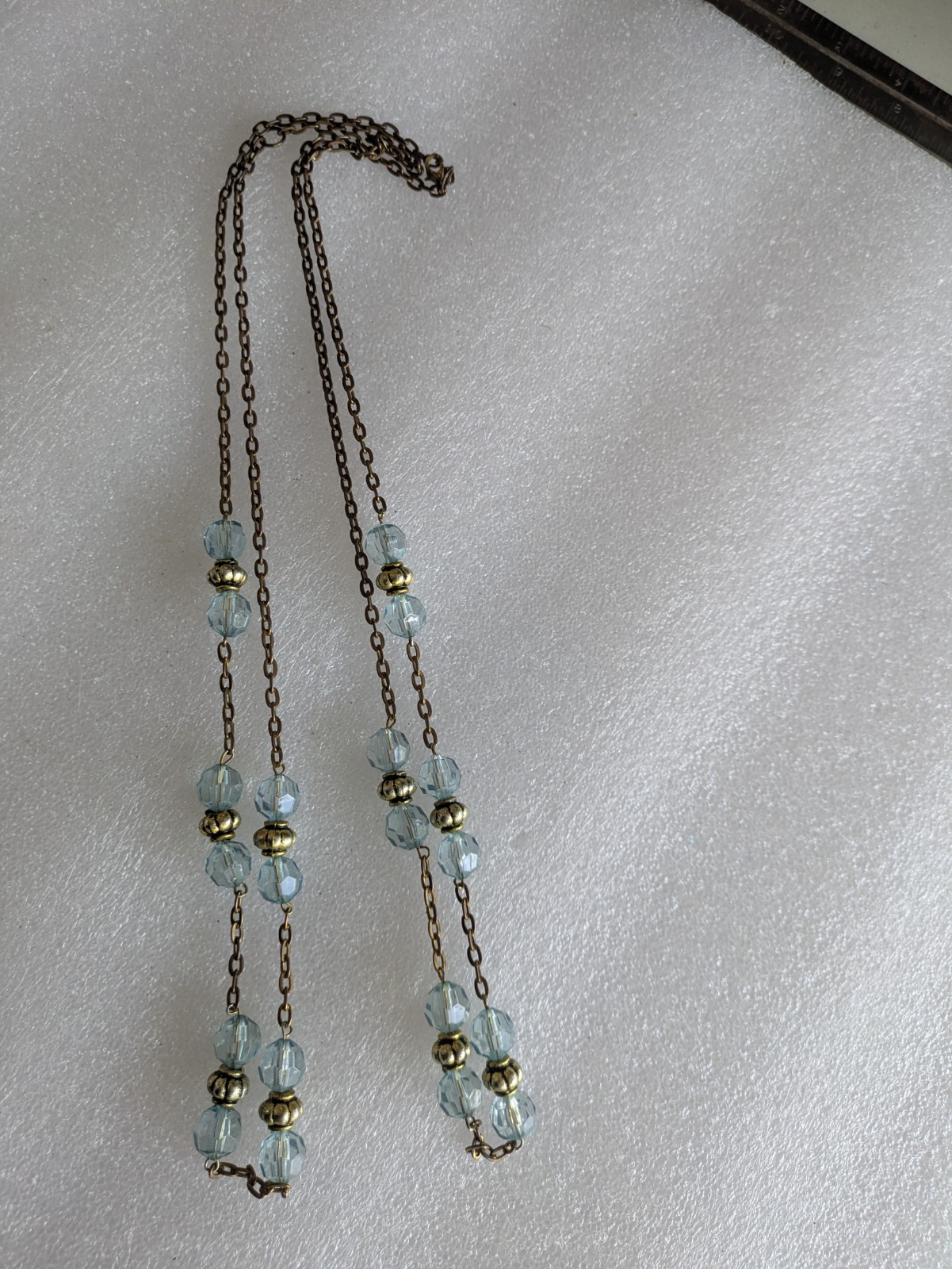 Vintage 2 Strand Necklace with Light Blue Beads And Gold Colored Beads.