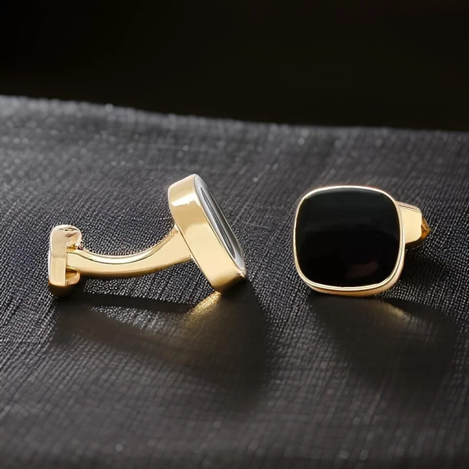 Men Luxury Cufflink Wedding Gift Black Enamel 14K Yellow Gold Plated 925 Silver