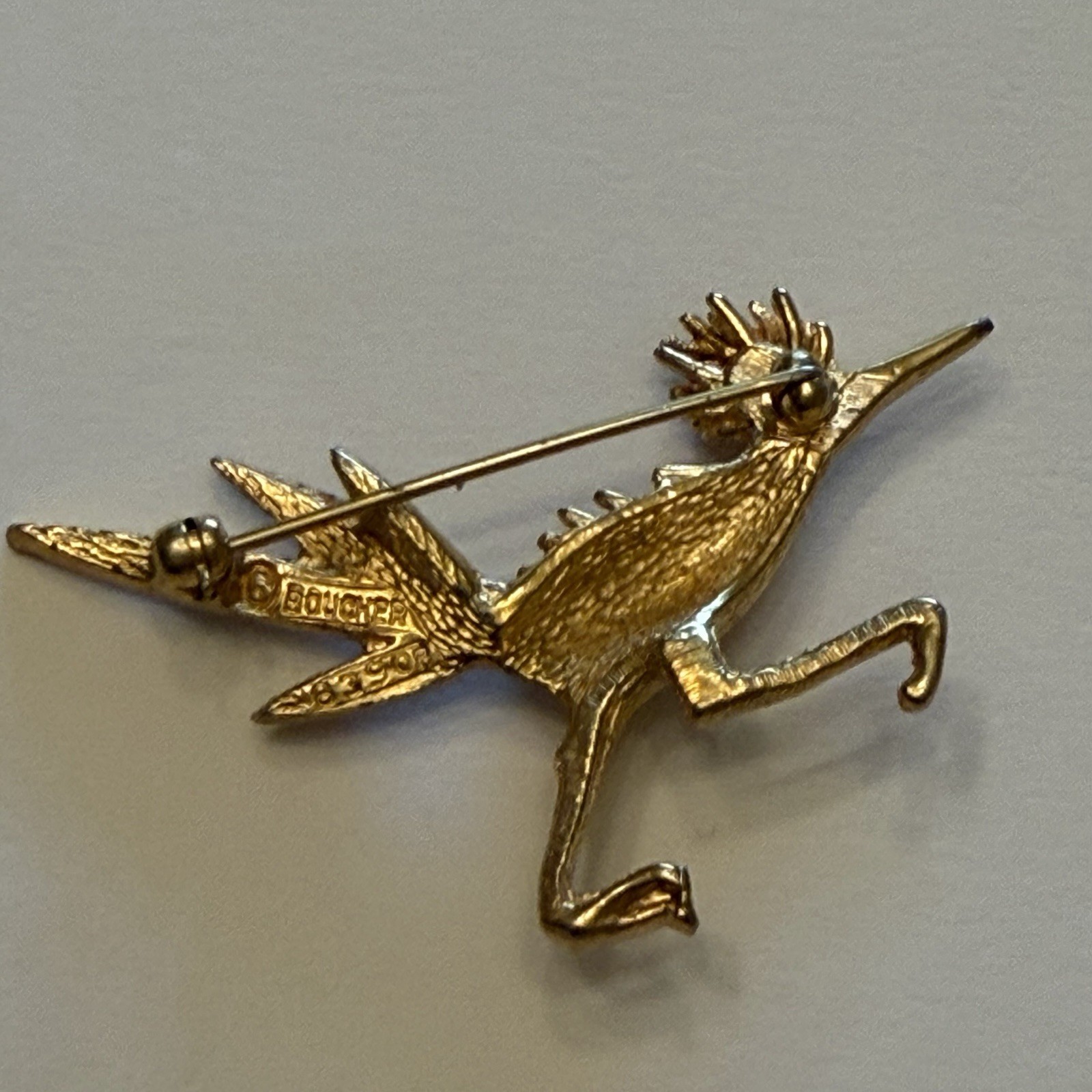 Boucher Signed Gold Tone Roadrunner Bird Brooch Pin Red Round Rhinestone Eye