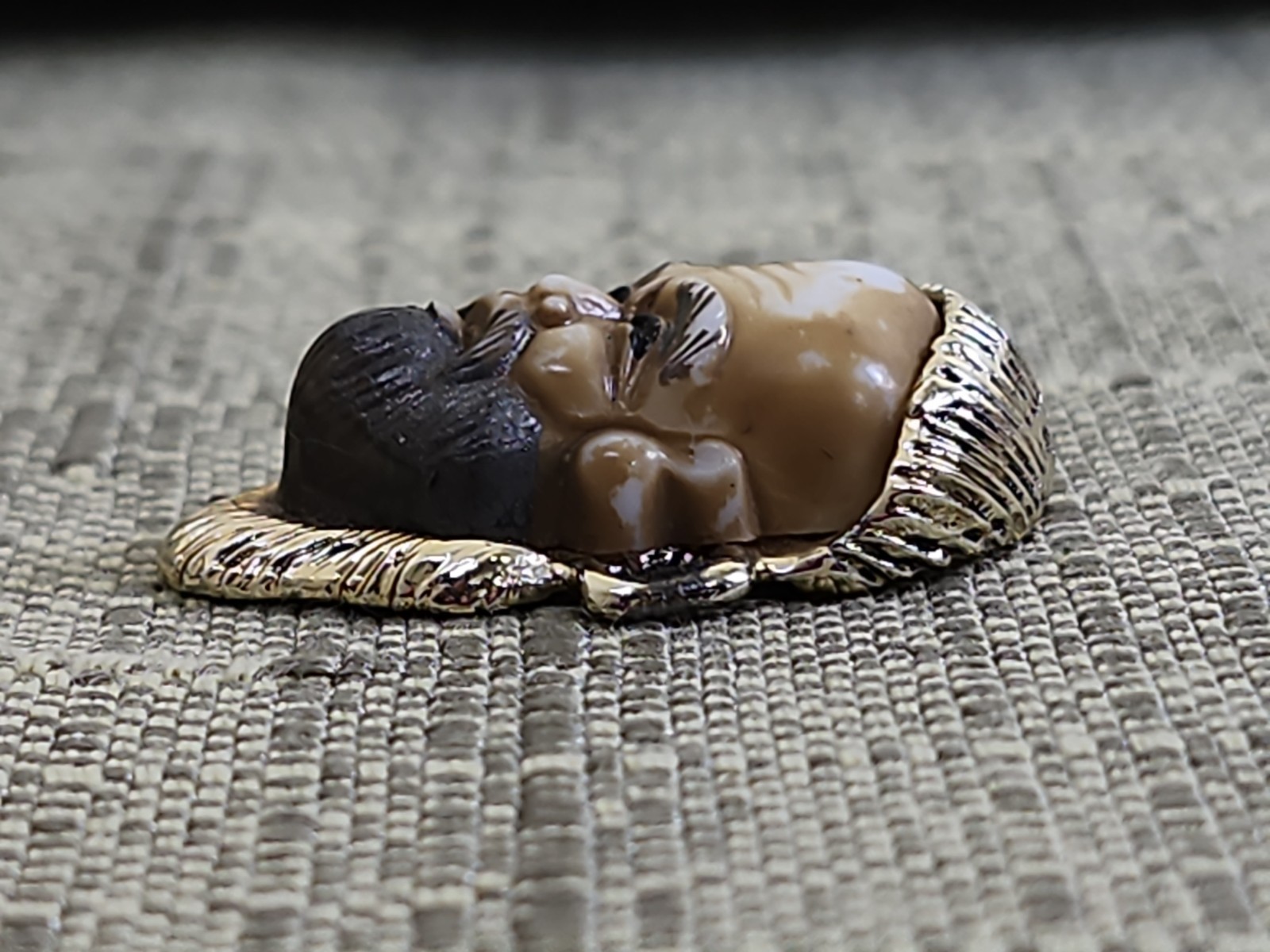 Vintage Resin 1 of 7 Japanese God Face Bracelet Link on Gold Tone Metal Base