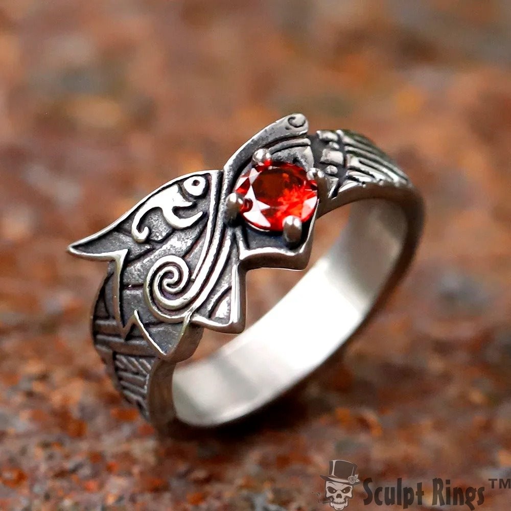 Sculpt Rings™ Viking Wolf Ring Red Stone Nordic Jewelry Stainless Steel