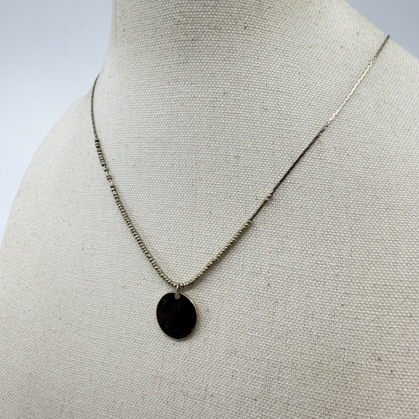 Silver Tone Disc Pendant Necklace Dainty Beaded Chain Minimalist Layering Chic
