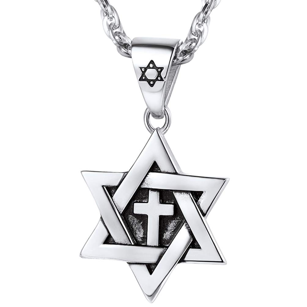 Star Of David Necklace For Men Jewish Jewelry Stainless Steel Cross Pendant C…
