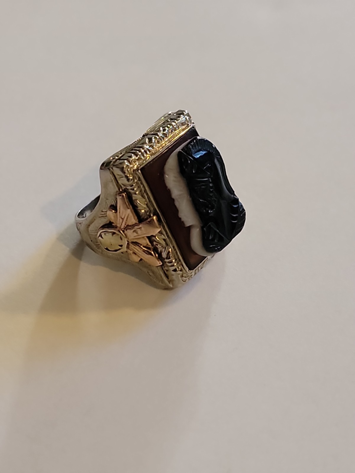 Sardonyx Cameo Ring 10k Yellow Rose White Gold Roman Warrior Size 4.8 5.67 Grams