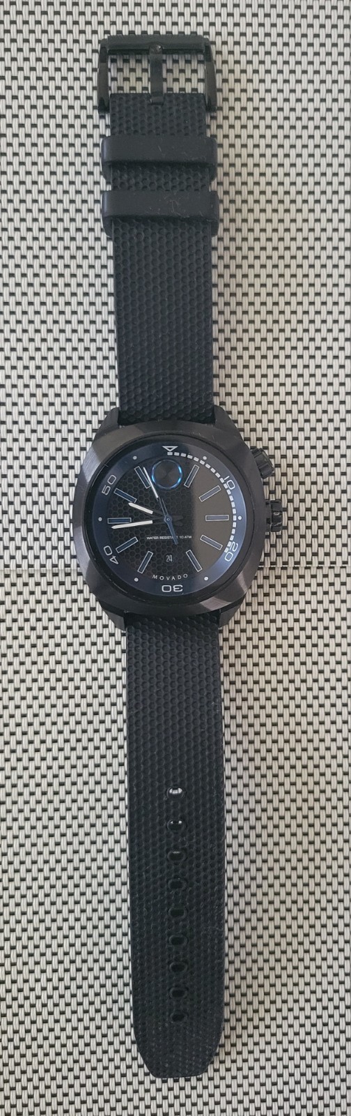 Movado Bold Men’s Quartz 44mm Black/Blue Dial Rubber Strap 100m Date Box