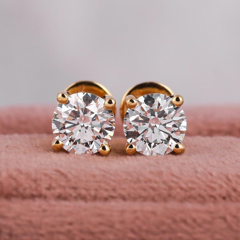 Certified Natural Diamond Stud Earrings 14K Gold Solitaire 1.50TCW Round Cut