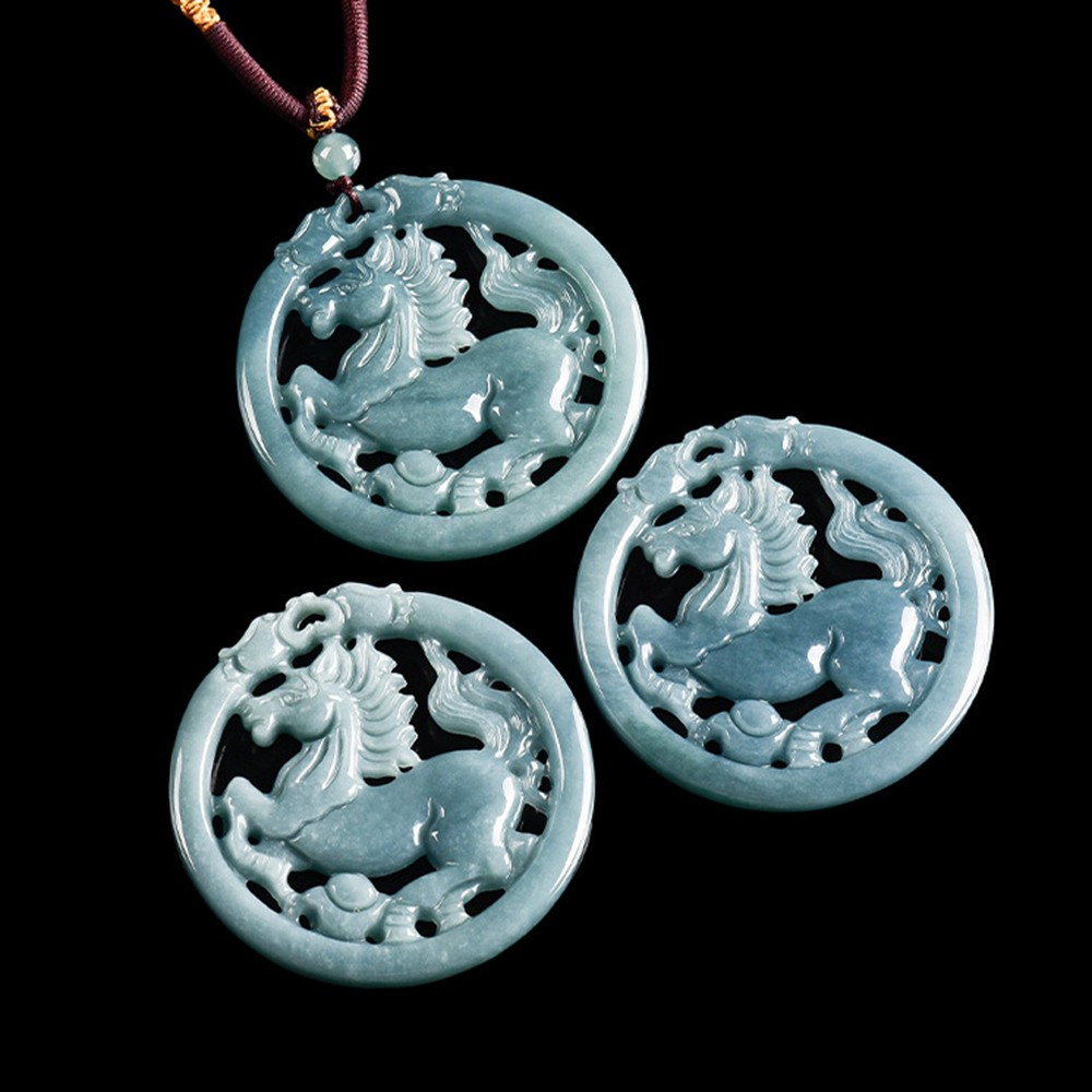 Certified Grade A Blue Water Burma Jade jadeite Zodiac Horse Pendant Necklace