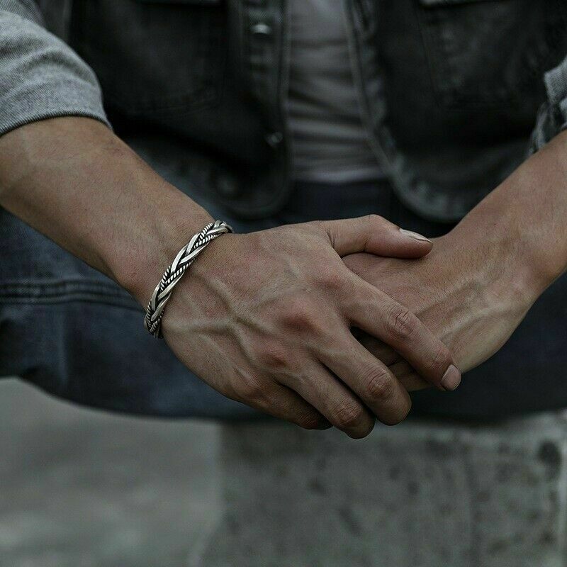 925 Sterling Silver Thai Handmade Vintage Open Bangle Twisted Cuff Men Bracelet