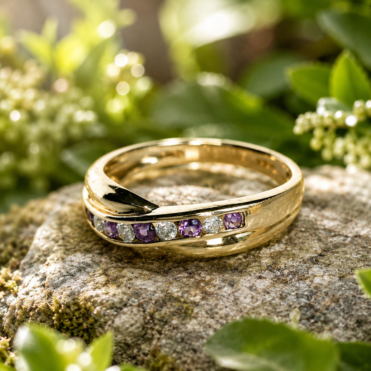 1Ct Round Lab Created Amethyst Wedding Band Ring 14K Yellow Gold Plated Silver