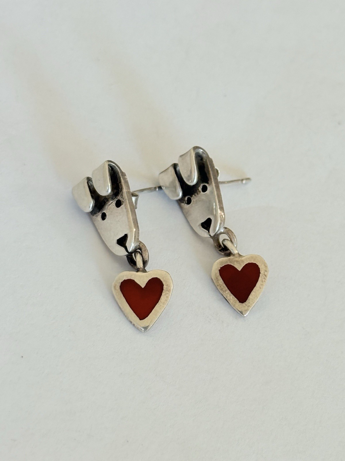 Vintage Anne Jane Harvey Mexico Sterling Silver Dog Puppy Heart Dangle Earrings
