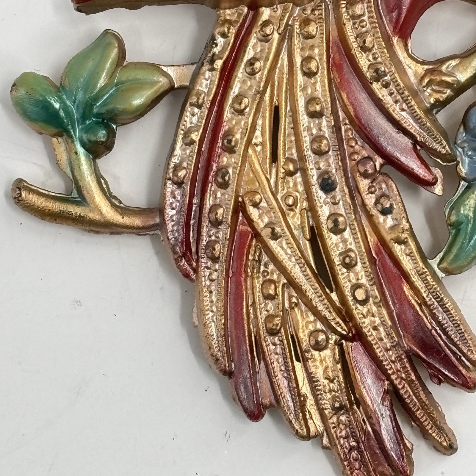 Vintage Pot Metal and Enamel Brooch Pin Exotic Bird Flowers Tropical Paradise