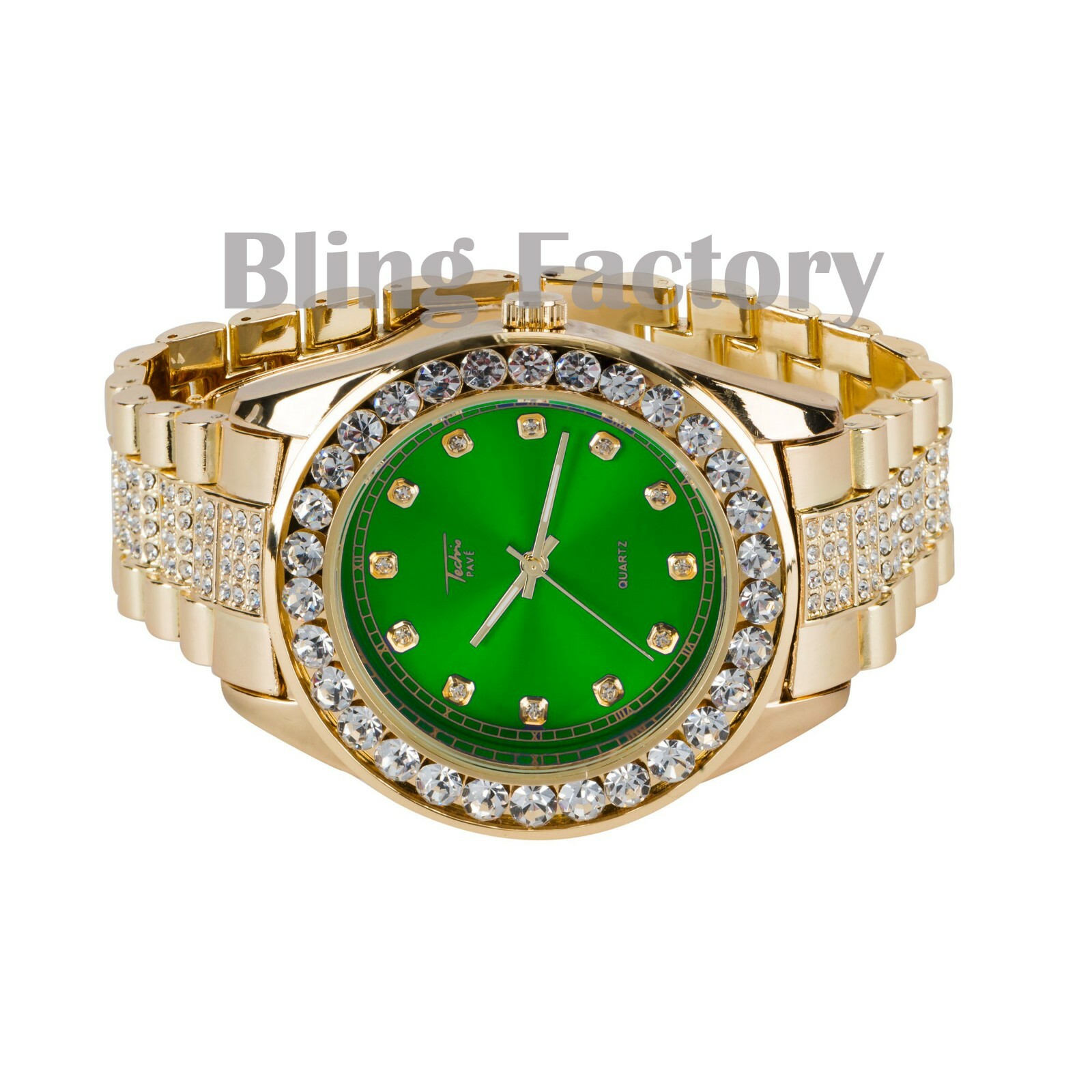 Men Hip Hop Iced Bling Gold PT Green Dial BIG Lab Diamond Metal band Watch